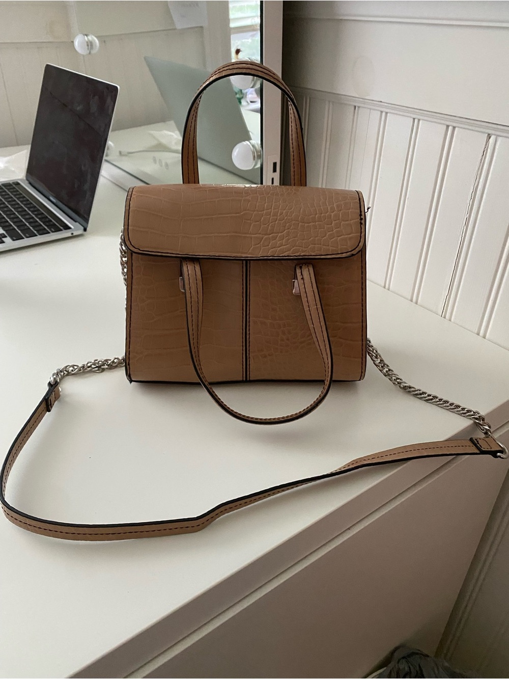 Zara Structured Croc-Embossed Top-Handle Bag in Brown